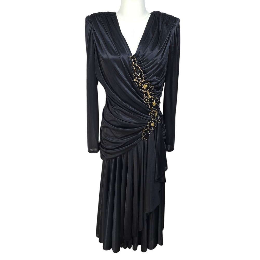 Abby Kent Vintage Black Ruched Sequin Floral Midi Dress Gold Beaded Formal 14